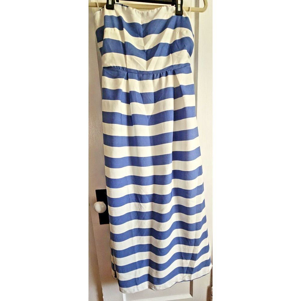 NWT REVEUSE strapless off shoulder striped blue + white lined beach dress‎